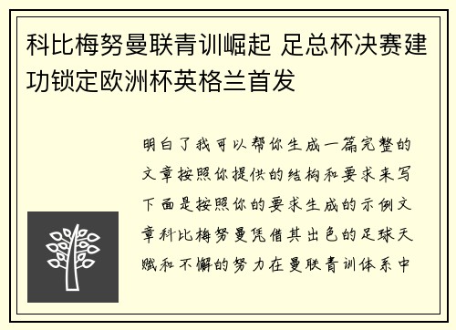 科比梅努曼联青训崛起 足总杯决赛建功锁定欧洲杯英格兰首发